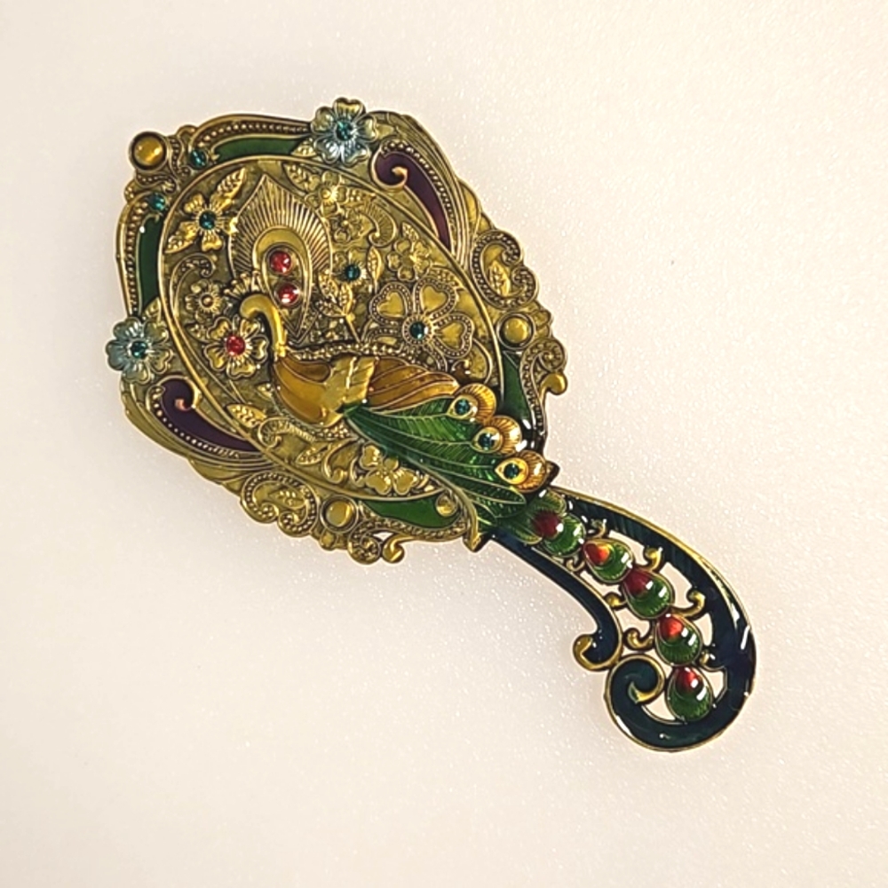 Peacock hand mirror comb vanity set enamel rhinestones hair accessories decor - Picture 4 of 7